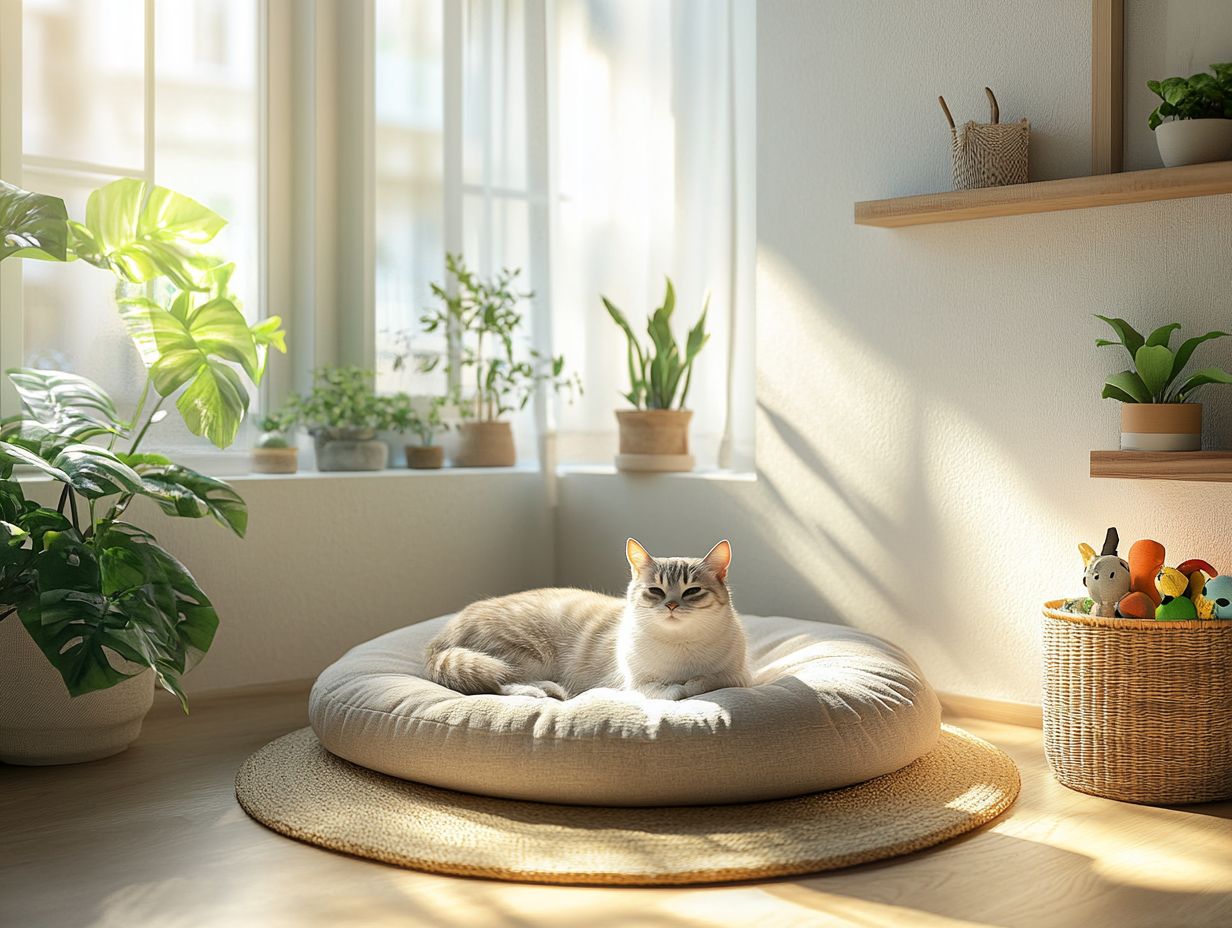 A calming pet area filled with natural elements like plants and light.