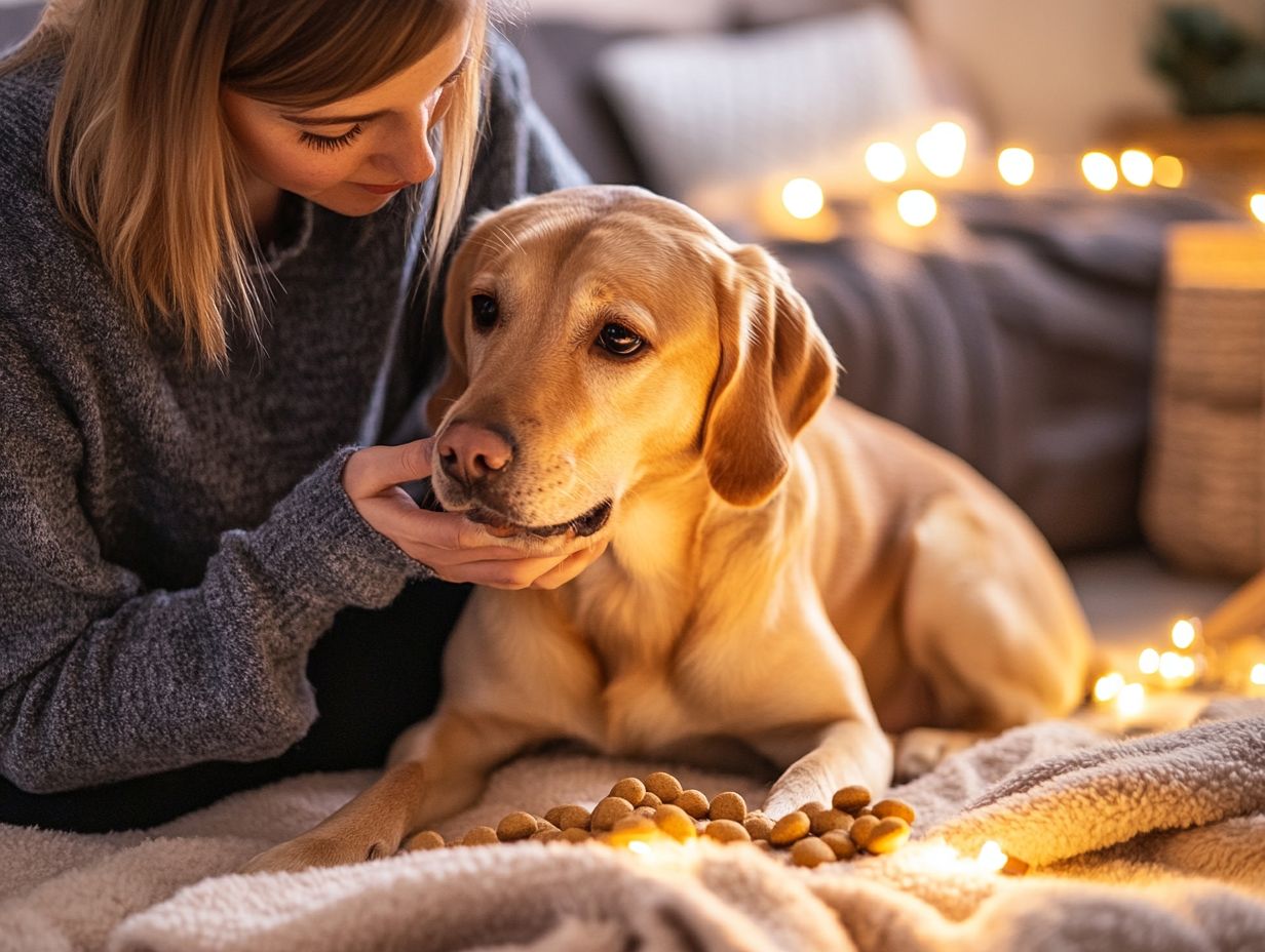 A dog undergoing desensitization training with comforting items.