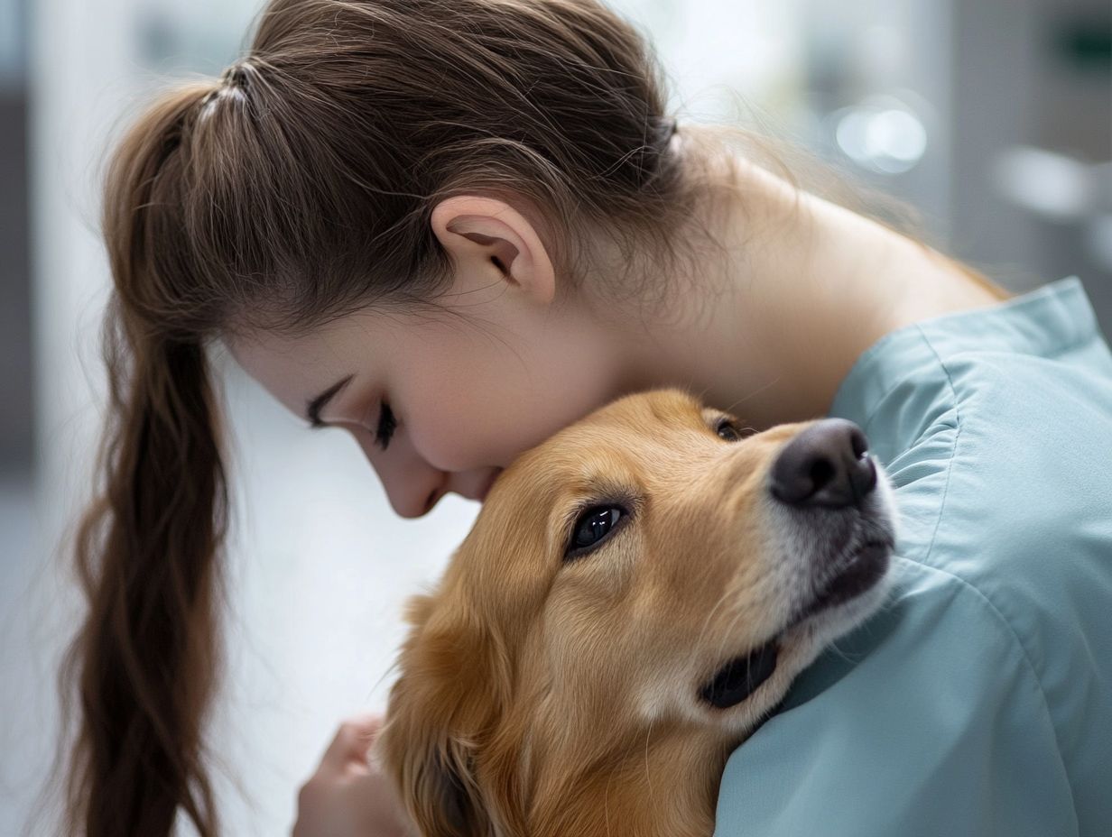 A veterinarian comforting an anxious pet during a visit.