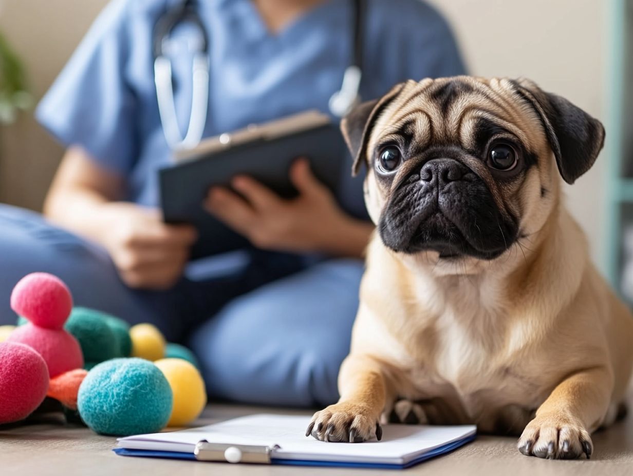 A veterinarian observing a dog for anxiety assessment