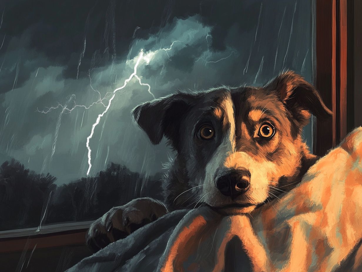 A pet dog resting safely during a thunderstorm