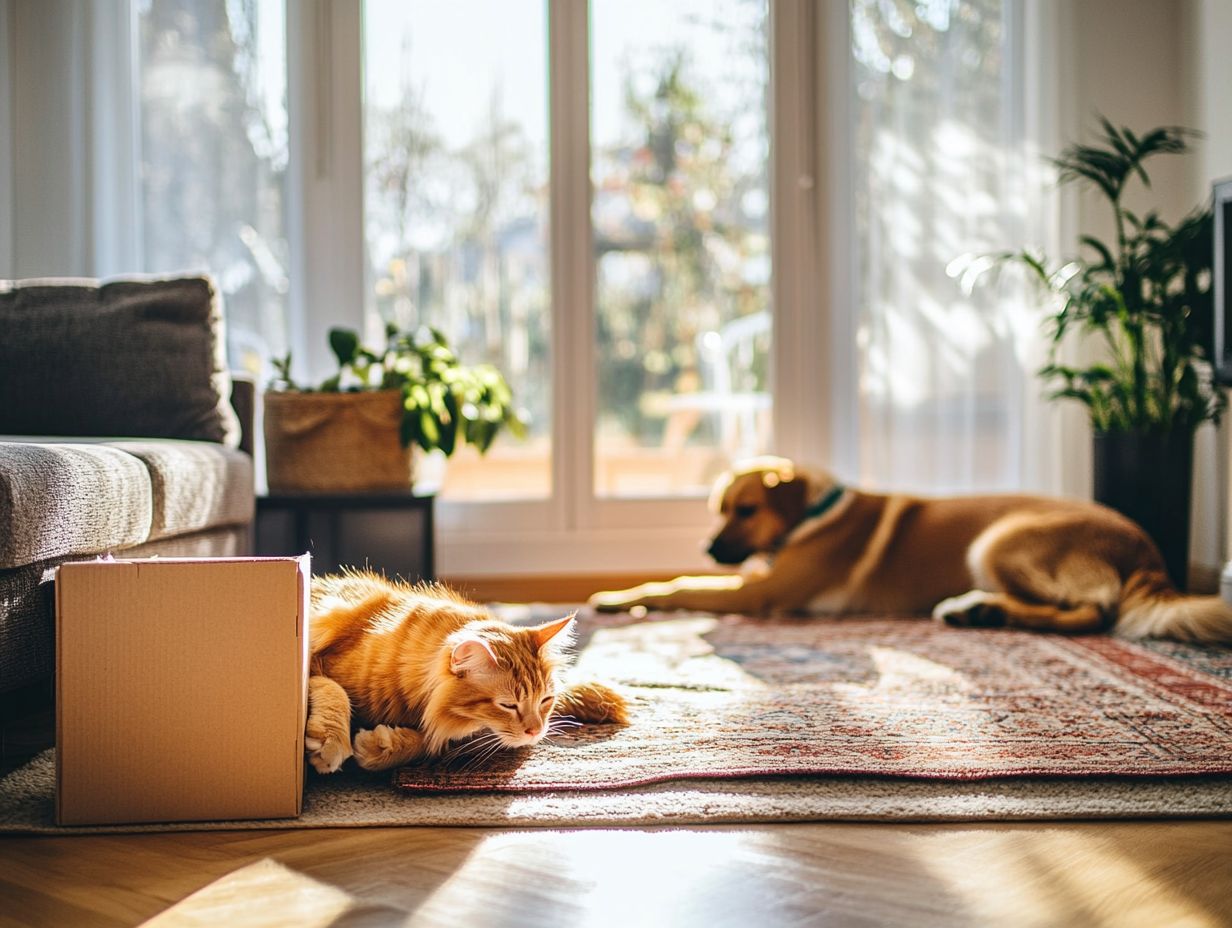 A pet enjoying its familiar toys in a new home