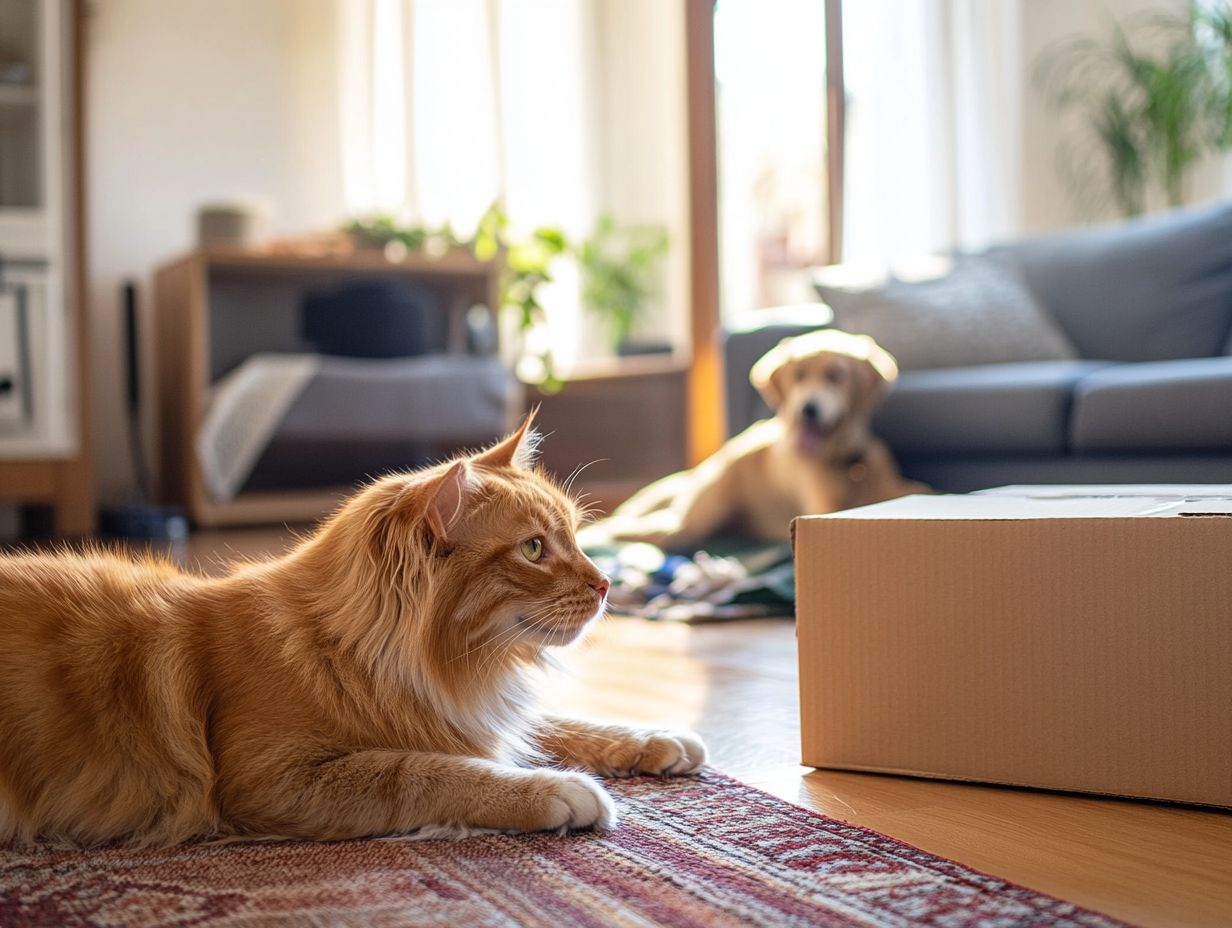 A pet enjoying its familiar toys in a new home