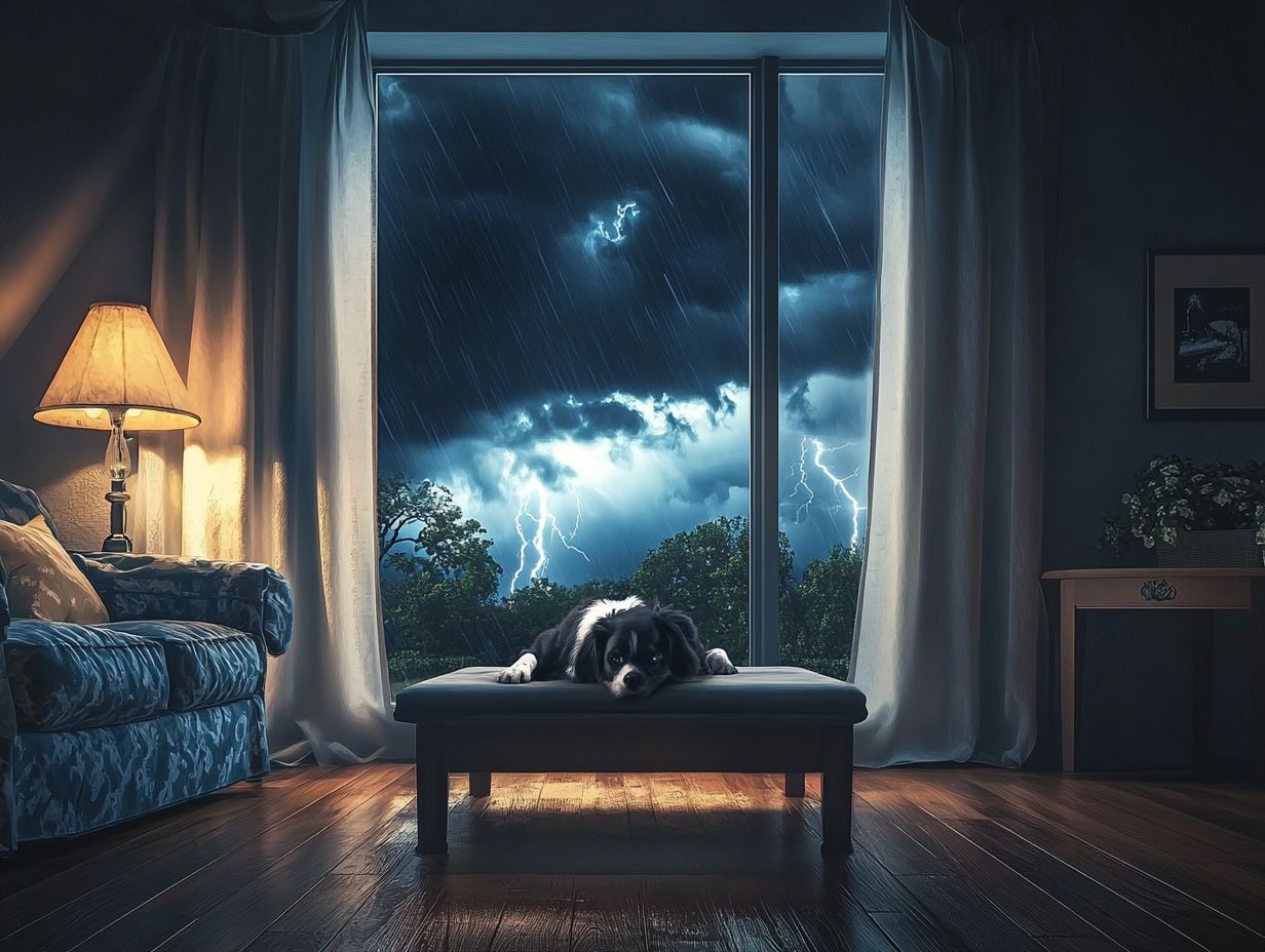 A worried dog during a thunderstorm illustrating pet anxiety.