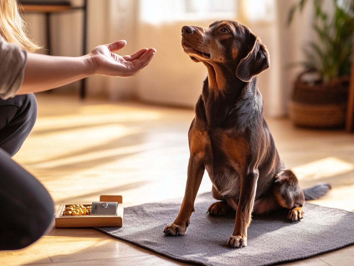 A trainer working with an anxious dog using positive reinforcement techniques.